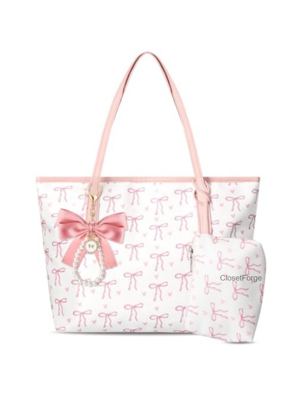 Coquette Bow Tote Bag for Women Leather Handbag with Charm & Pouch Shoulder Bag